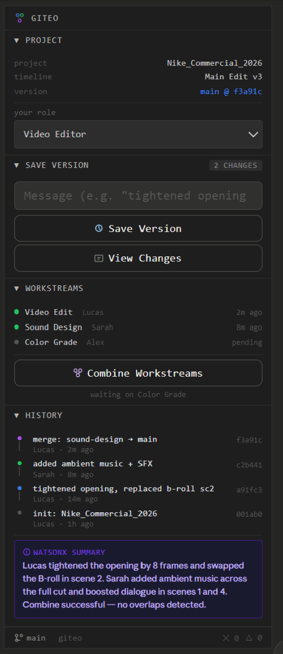 The Giteo design, before the rename to Vit. This was not the launch UI. The summary box reads WATSONX because the design targeted the IBM prize track; the shipped Vit uses Gemini 2.5 Flash.