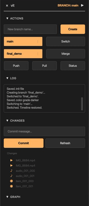 The launch demo one click before the merge. The log shows the darker grade saved on final_demo, then the switch back to main, and final_demo is already queued in the Merge field.