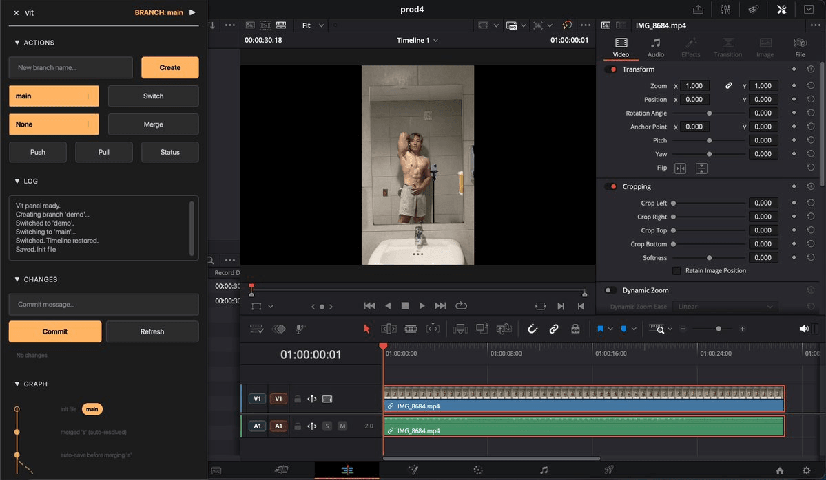 The launch panel in context, docked at the left of DaVinci Resolve with the timeline it versions beside it.